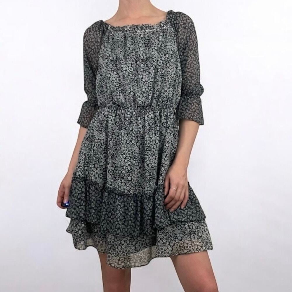 LOFT Black & White Floral Tiered Half Sleeve A-Line Mini Dress